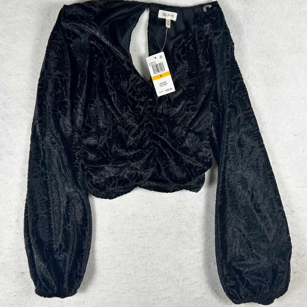 Selfie Leslie Black Burnout Velvet Ruched Crop Top Long Balloon Sleeve Small NWT